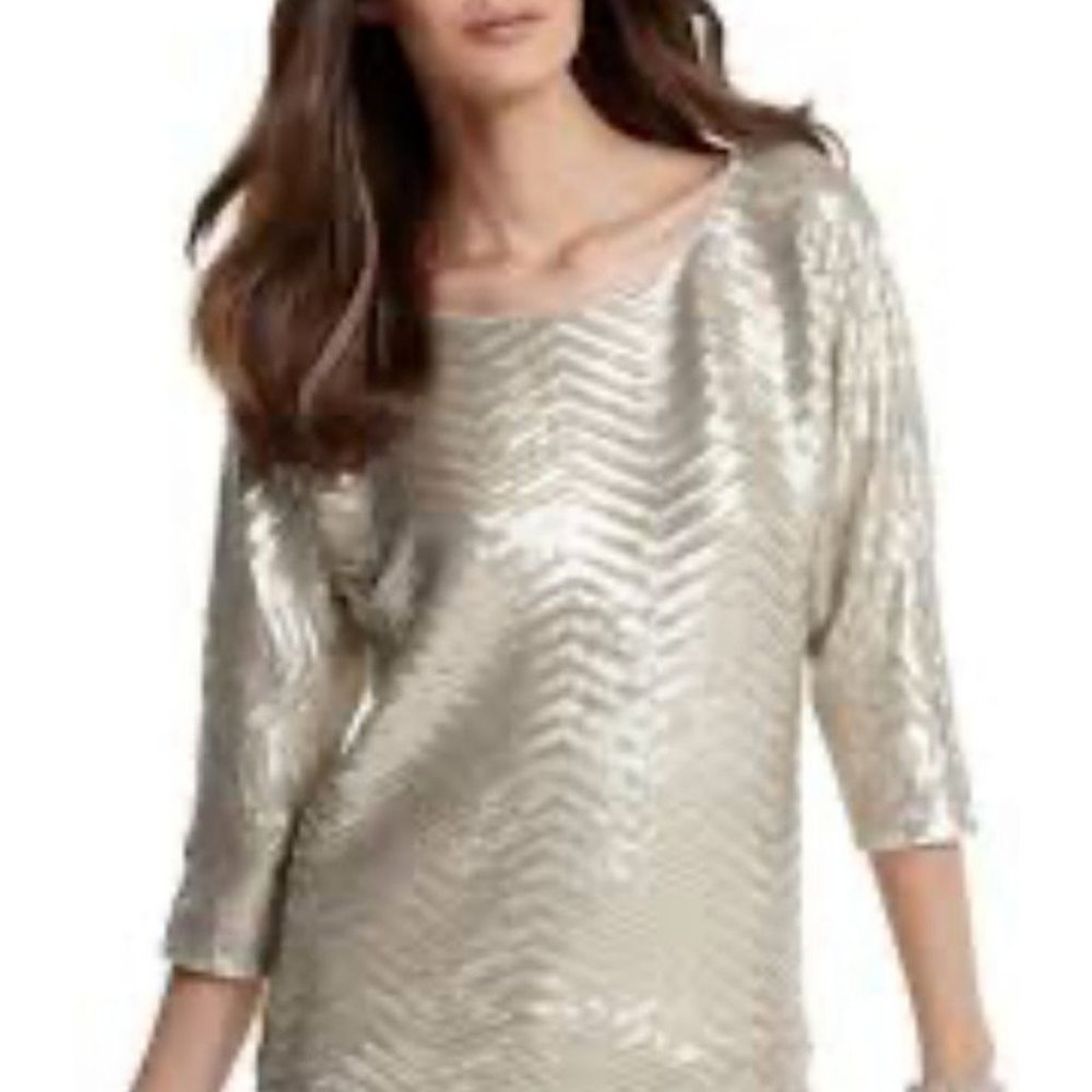 WHBM Sequin Top Gold Silver M Medium 3/4 Long Sleeve Stretch Party Cruise